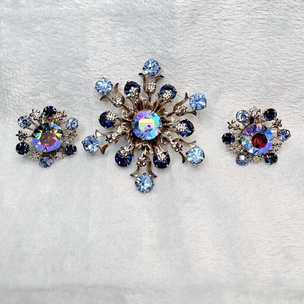 Vintage Snowflake Brooch & Earrings Set with Blue & AB Rhinestones, Silver Tone